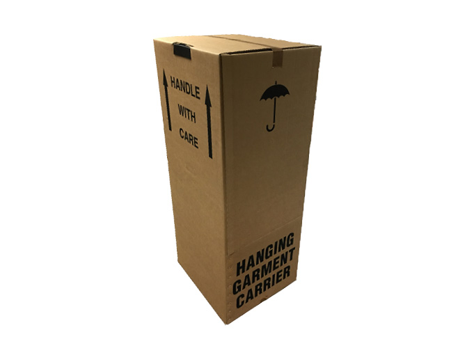 Wardrobe removal box by Caps Cases, Newmarket. Printed corrugated cardboard with hanger option.